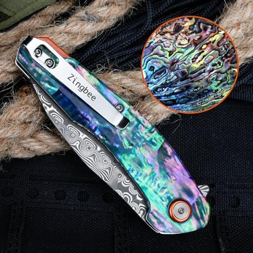 Damascus Pocket Knife for Women, |15" VG10 Damascus Steel Blade EDC Folding Knife, Abalone Shells Handle, Ideal Gift for
