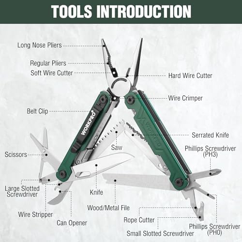 WORKPRO 18-in-1 Multi Tool Pliers for Men Camping Gifts, Stainless Steel EDC Multitool with Pocket Knife and Safety Lock