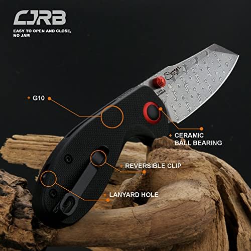 CJRB Maileah Pocket Knife: Men's Outdoor Survival Folding EDC Knife - |39" Damascus Steel Blade, Black G10 Handle - J191