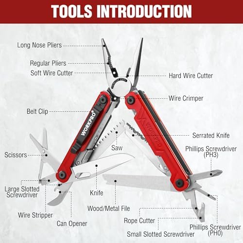 WORKPRO 18-in-1 Multi Tool Pliers for Men Camping Gifts, Stainless Steel EDC Multitool with Pocket Knife and Safety Lock