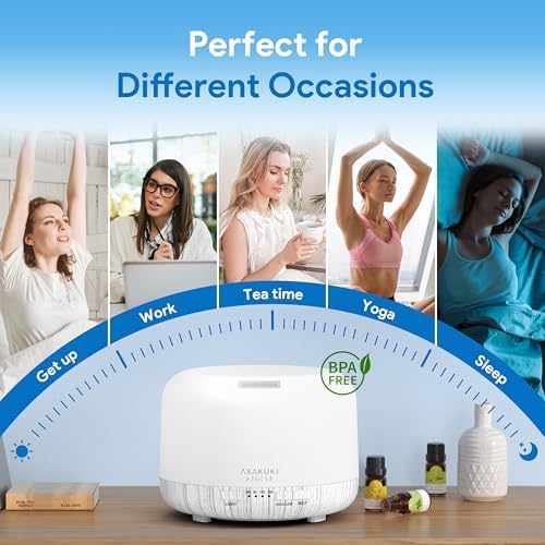 ASAKUKI Ultrasonic Aromatherapy Humidifier 500ml for Large Room, 7 LED Colors & Remote Control, Timer & Auto-Off