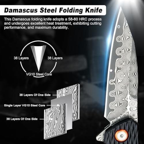 Damascus Pocket Knife for Women, |15" VG10 Damascus Steel Blade EDC Folding Knife, Abalone Shells Handle, Ideal Gift for