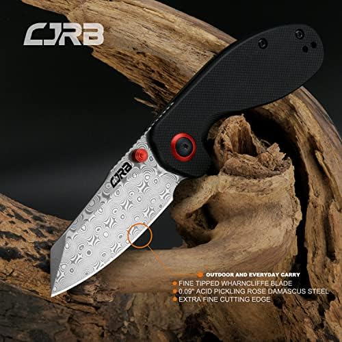 CJRB Maileah Pocket Knife: Men's Outdoor Survival Folding EDC Knife - |39" Damascus Steel Blade, Black G10 Handle - J191