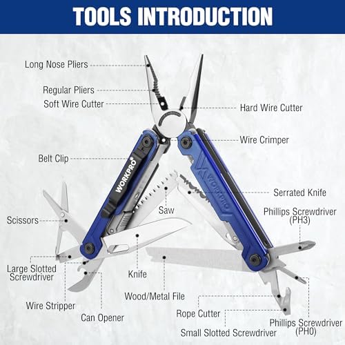 WORKPRO 18-in-1 Multi Tool Pliers for Men Camping Gifts, Stainless Steel EDC Multitool with Pocket Knife and Safety Lock