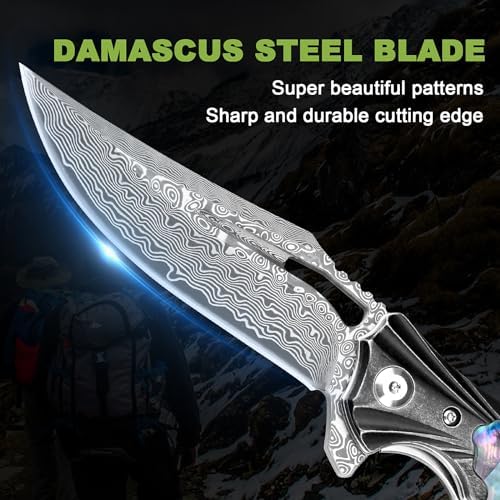 Damascus Pocket Knife for Women, |15" VG10 Damascus Steel Blade EDC Folding Knife, Abalone Shells Handle, Ideal Gift for