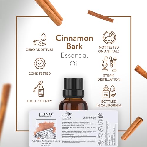 HBNO Organic Cinnamon Bark Essential Oil - 1 oz - For Diffusers, Cleaning & More