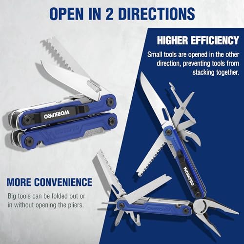 WORKPRO 18-in-1 Multi Tool Pliers for Men Camping Gifts, Stainless Steel EDC Multitool with Pocket Knife and Safety Lock