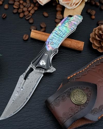 Damascus Pocket Knife for Women, |15" VG10 Damascus Steel Blade EDC Folding Knife, Abalone Shells Handle, Ideal Gift for