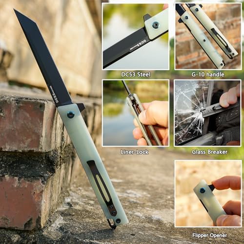 DC53 Steel Blade and G10 Handle Pocket Knife for Men Hiking Trip EDC Tool (Black PVD Blade) Pocket Knife with DC53 Ste