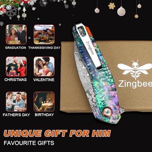 Damascus Pocket Knife for Women, |15" VG10 Damascus Steel Blade EDC Folding Knife, Abalone Shells Handle, Ideal Gift for