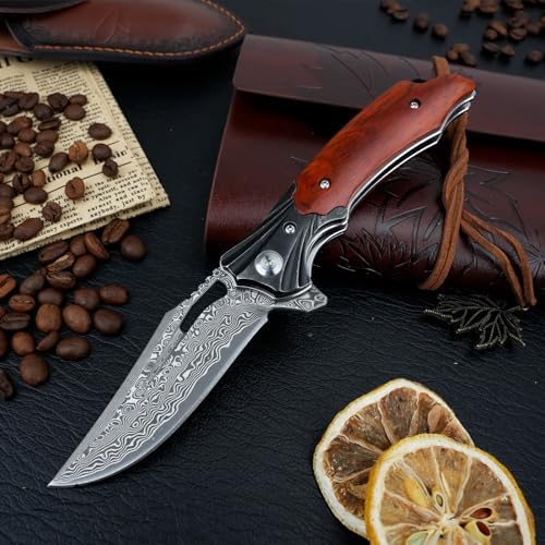 Damascus Pocket Knife for Women, |15" VG10 Damascus Steel Blade EDC Folding Knife, Abalone Shells Handle, Ideal Gift for