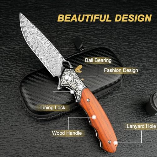 Damascus Pocket Knife for Women, |15" VG10 Damascus Steel Blade EDC Folding Knife, Abalone Shells Handle, Ideal Gift for