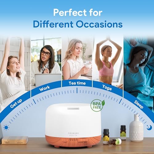 ASAKUKI Ultrasonic Aromatherapy Humidifier 500ml for Large Room, 7 LED Colors & Remote Control, Timer & Auto-Off