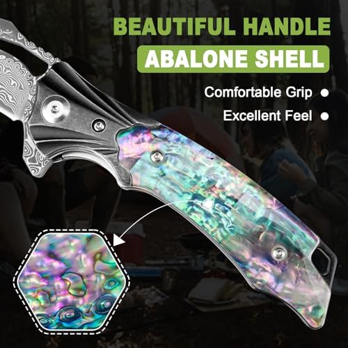 Damascus Pocket Knife for Women, |15" VG10 Damascus Steel Blade EDC Folding Knife, Abalone Shells Handle, Ideal Gift for