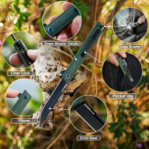 DC53 Steel Blade and G10 Handle Pocket Knife for Men Hiking Trip EDC Tool (Black PVD Blade) Pocket Knife with DC53 Ste
