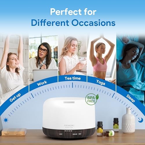 ASAKUKI Ultrasonic Aromatherapy Humidifier 500ml for Large Room, 7 LED Colors & Remote Control, Timer & Auto-Off
