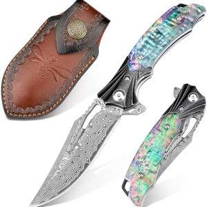 Damascus Pocket Knife for Women, |15" VG10 Damascus Steel Blade EDC Folding Knife, Abalone Shells Handle, Ideal Gift for