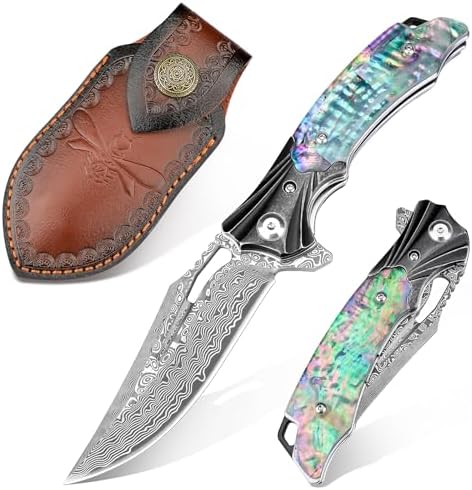 Damascus Pocket Knife for Women, |15" VG10 Damascus Steel Blade EDC Folding Knife, Abalone Shells Handle, Ideal Gift for