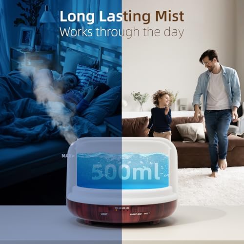 ASAKUKI Ultrasonic Aromatherapy Humidifier 500ml for Large Room, 7 LED Colors & Remote Control, Timer & Auto-Off