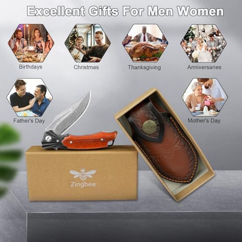 Damascus Pocket Knife for Women, |15" VG10 Damascus Steel Blade EDC Folding Knife, Abalone Shells Handle, Ideal Gift for