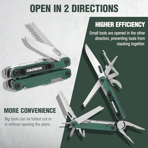 WORKPRO 18-in-1 Multi Tool Pliers for Men Camping Gifts, Stainless Steel EDC Multitool with Pocket Knife and Safety Lock