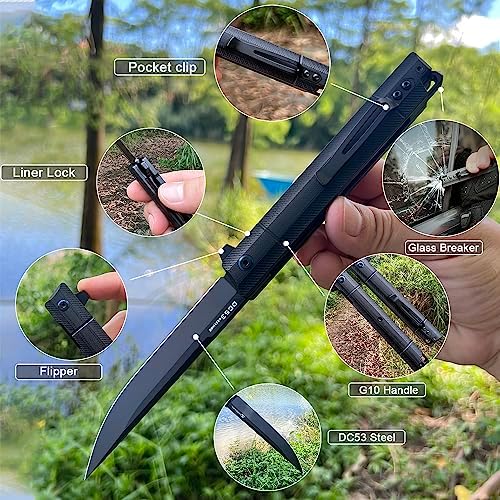 DC53 Steel Blade and G10 Handle Pocket Knife for Men Hiking Trip EDC Tool (Black PVD Blade) Pocket Knife with DC53 Ste