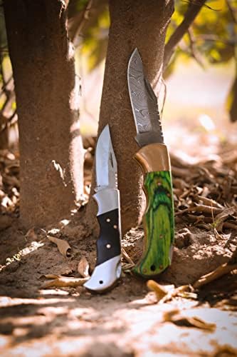 Best.Buy Damascus1 Folding Hunting Knife, 6.5" Real Damascus Blade & Olive Wood Handle, EDC Camping Knife for Men