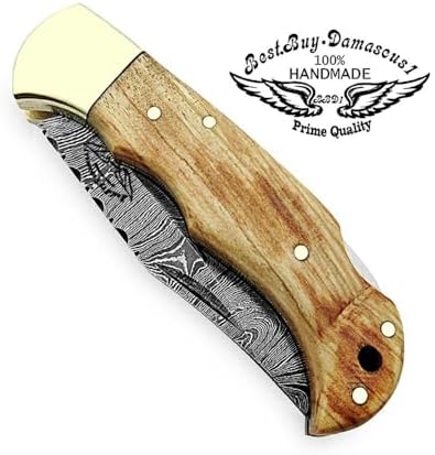 Best.Buy Damascus1 Folding Hunting Knife, 6.5" Real Damascus Blade & Olive Wood Handle, EDC Camping Knife for Men
