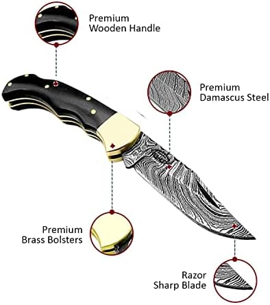 Best.Buy Damascus1 Folding Hunting Knife, 6.5" Real Damascus Blade & Olive Wood Handle, EDC Camping Knife for Men
