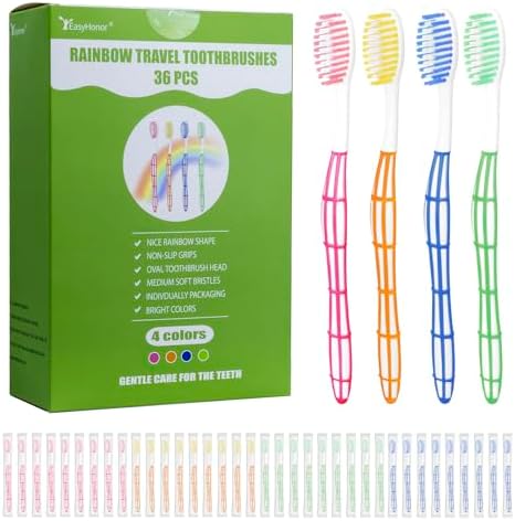 EasyHonor 36 PCS Colorful Manual Disposable Toothbrushes for Adults, Perfect for Travel & Hotels, Ergonomics Handle, Me