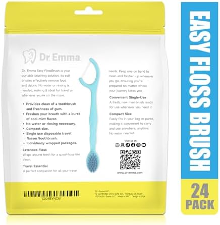 Dr. Emma Mini Brush Disposable Toothbrushes with Floss - On-The-Go Use, Travel Mint, 24 Packs Individually Wrapped Blue