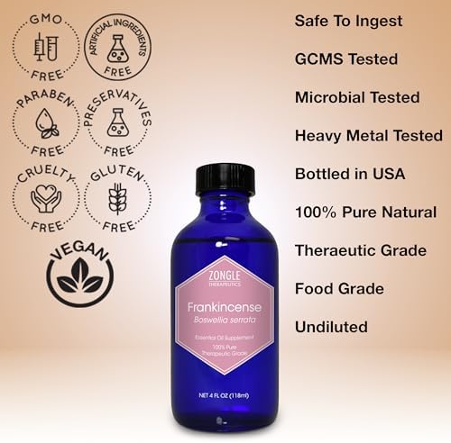 100% Pure Frankincense Essential Oil, Food Grade, for Face and Beauty, by Zongle Therapeutics, 4 OZ | Edible Frankincen