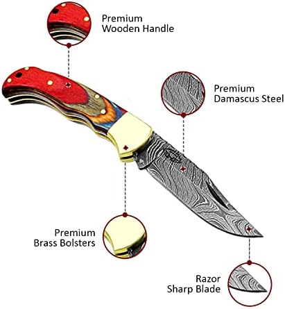 Best.Buy Damascus1 Folding Hunting Knife, 6.5" Real Damascus Blade & Olive Wood Handle, EDC Camping Knife for Men