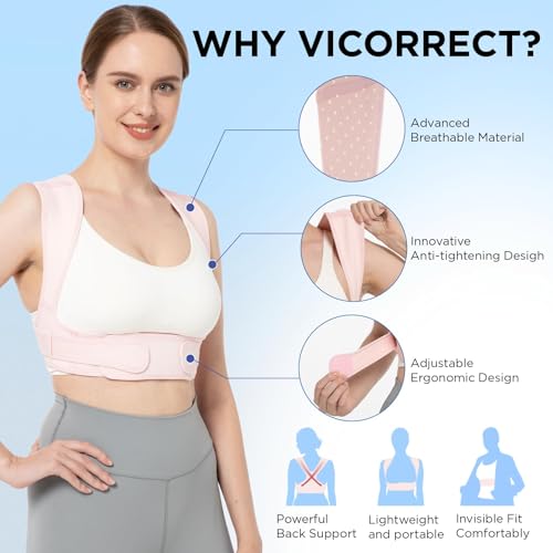 Vicorrect Upper Back Pain Relief Posture Corrector for Women and Men: Adjustable Brace Straps (Pink, S/M) Vicorrect Sh