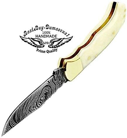 Best.Buy Damascus1 Folding Hunting Knife, 6.5" Real Damascus Blade & Olive Wood Handle, EDC Camping Knife for Men