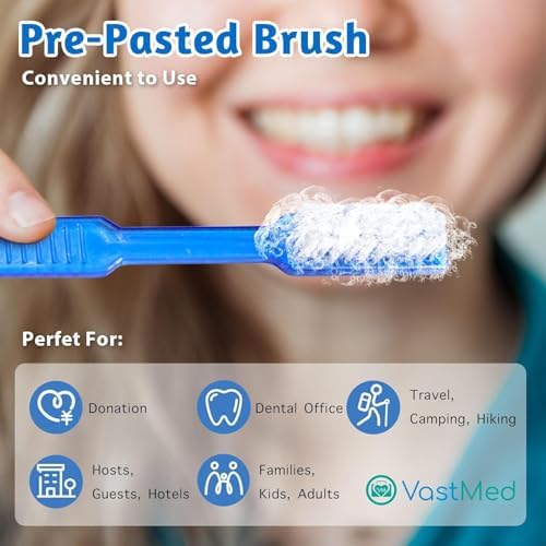 Single Use Waterless Tooth Brush 100 Pcs Individually Wrapped Pre-Pasted Toothbrushes for Hotel, Camping, and Homeless