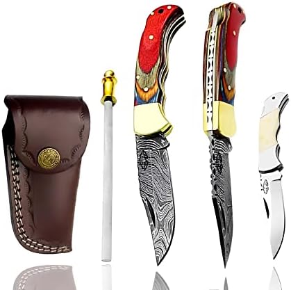 Best.Buy Damascus1 Folding Hunting Knife, 6.5" Real Damascus Blade & Olive Wood Handle, EDC Camping Knife for Men