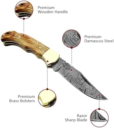 Best.Buy Damascus1 Folding Hunting Knife, 6.5" Real Damascus Blade & Olive Wood Handle, EDC Camping Knife for Men