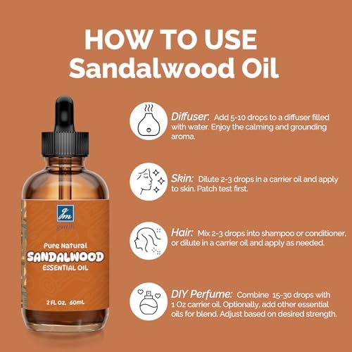 100% Pure Sandalwood Oil for Diffuser, Skin, Hair, & Body | Sandalwood Essential Oil for Men & Women, Aromatherapy & Ma