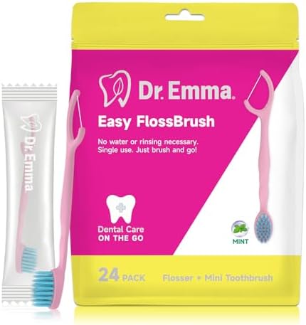 Dr. Emma Mini Brush Disposable Toothbrushes with Floss - On-The-Go Use, Travel Mint, 24 Packs Individually Wrapped Blue