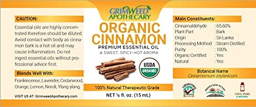 Grimweed Apothecary USDA Organic Cinnamon Essential Oil - Therapeutic Grade - 15mL - Diffuser Oil - 100% All Natural - w