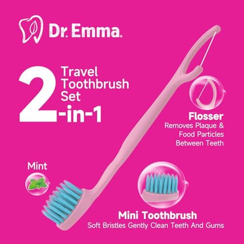 Dr. Emma Mini Brush Disposable Toothbrushes with Floss - On-The-Go Use, Travel Mint, 24 Packs Individually Wrapped Blue