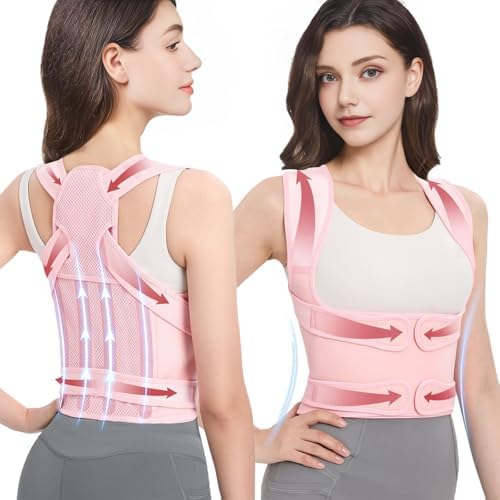 Posture Corrector for Women and Men: Adjustable Back Brace with Full Back Support (Large, Pink) Adjustable Back Brace