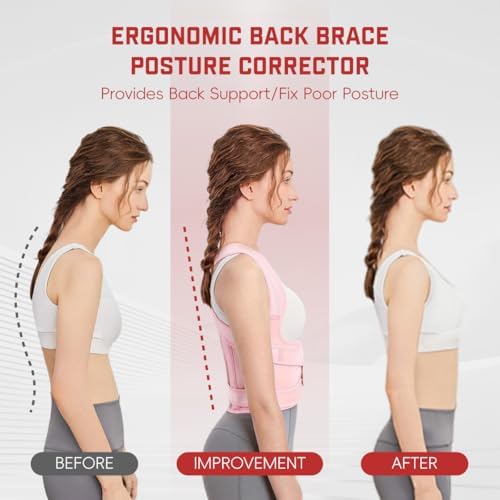 Posture Corrector for Women and Men: Adjustable Back Brace with Full Back Support (Large, Pink) Adjustable Back Brace
