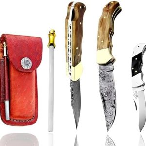Best.Buy Damascus1 Folding Hunting Knife, 6.5" Real Damascus Blade & Olive Wood Handle, EDC Camping Knife for Men