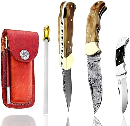 Best.Buy Damascus1 Folding Hunting Knife, 6.5" Real Damascus Blade & Olive Wood Handle, EDC Camping Knife for Men