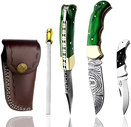 Best.Buy Damascus1 Folding Hunting Knife, 6.5" Real Damascus Blade & Olive Wood Handle, EDC Camping Knife for Men