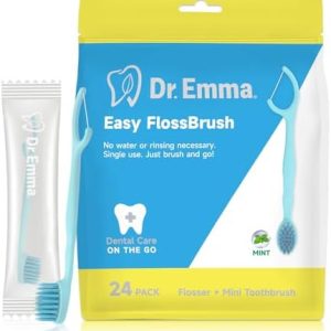 Dr. Emma Mini Brush Disposable Toothbrushes with Floss - On-The-Go Use, Travel Mint, 24 Packs Individually Wrapped Blue