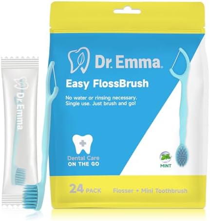 Dr. Emma Mini Brush Disposable Toothbrushes with Floss - On-The-Go Use, Travel Mint, 24 Packs Individually Wrapped Blue