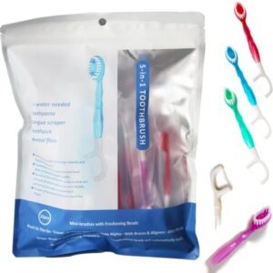 5 in 1 Disposable Toothbrushes with Paste, Floss Pick and Tongue Scraper for Small Adults, 26 Pack, Individually Wrappe